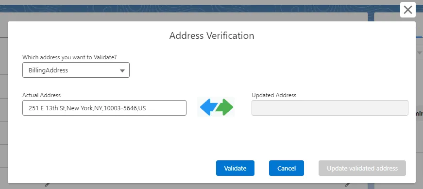 PostGrid Address Validate dialog showing available address fields for the record and the current address in the Actual Address box