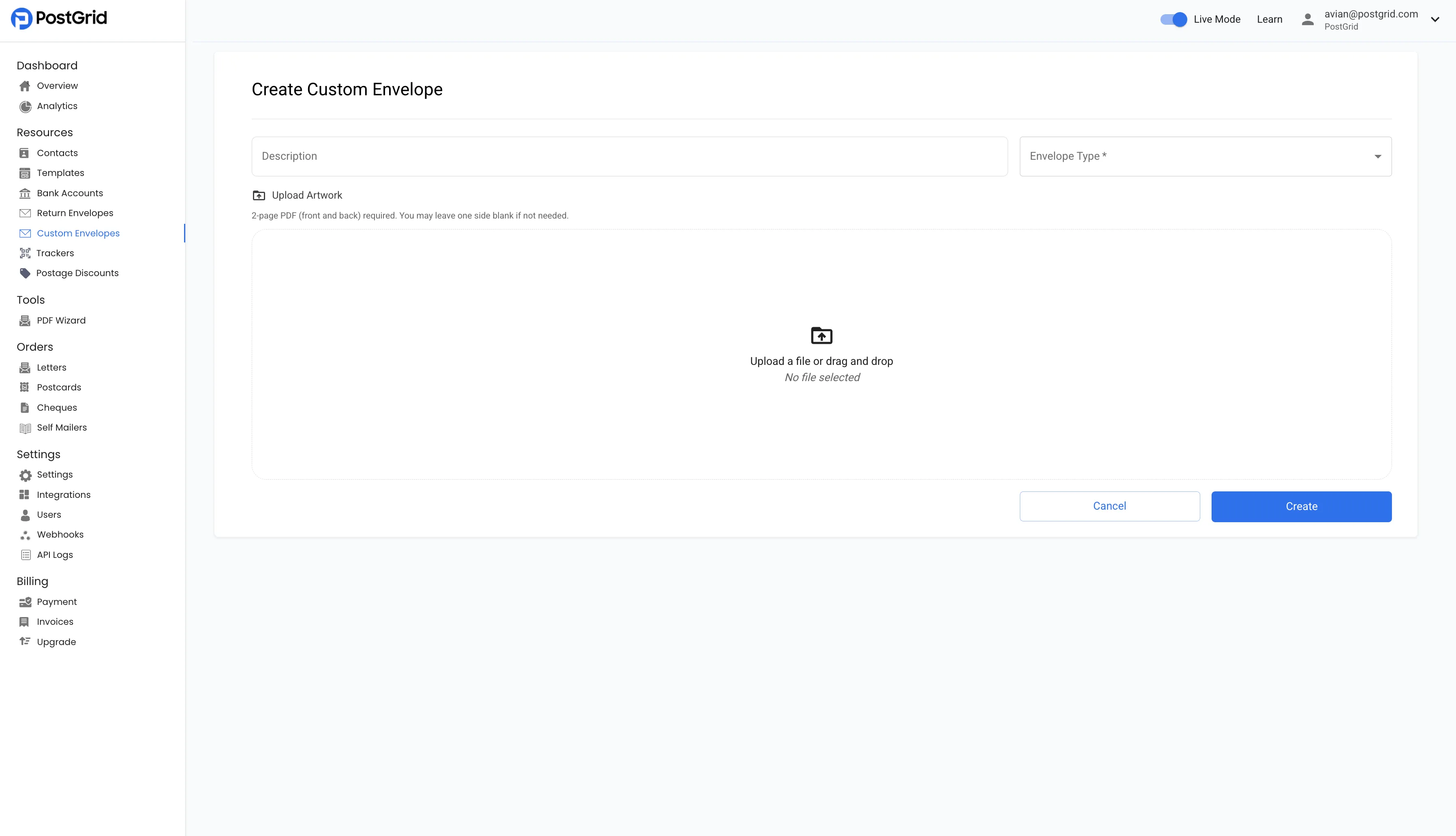 Create Custom Envelope form with fields for a description, an envelope type drop-down, and an artwork file upload