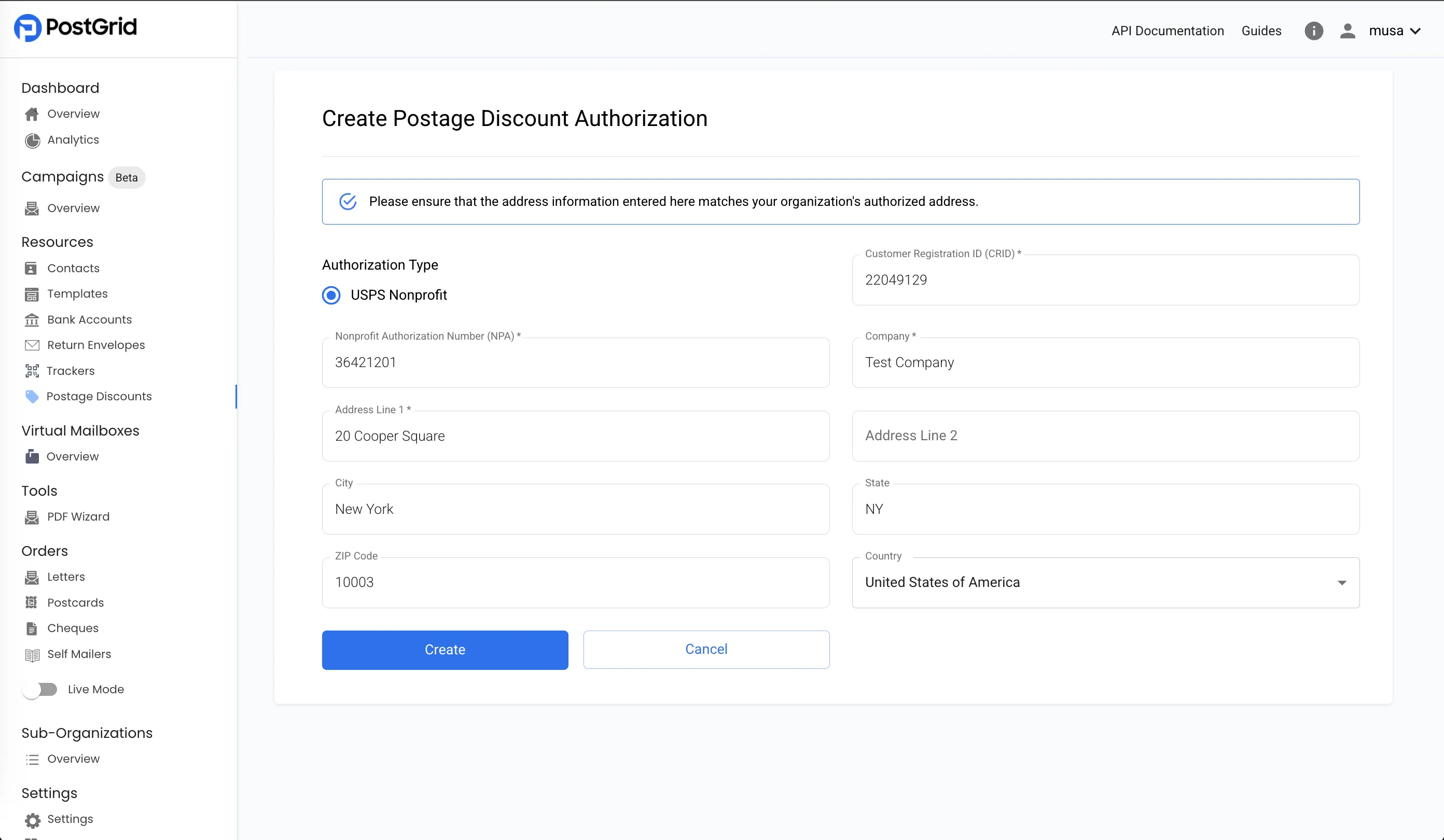Create Postage Discount Authorization form with fields for authorization type, CRID, nonprofit authorization number, and address