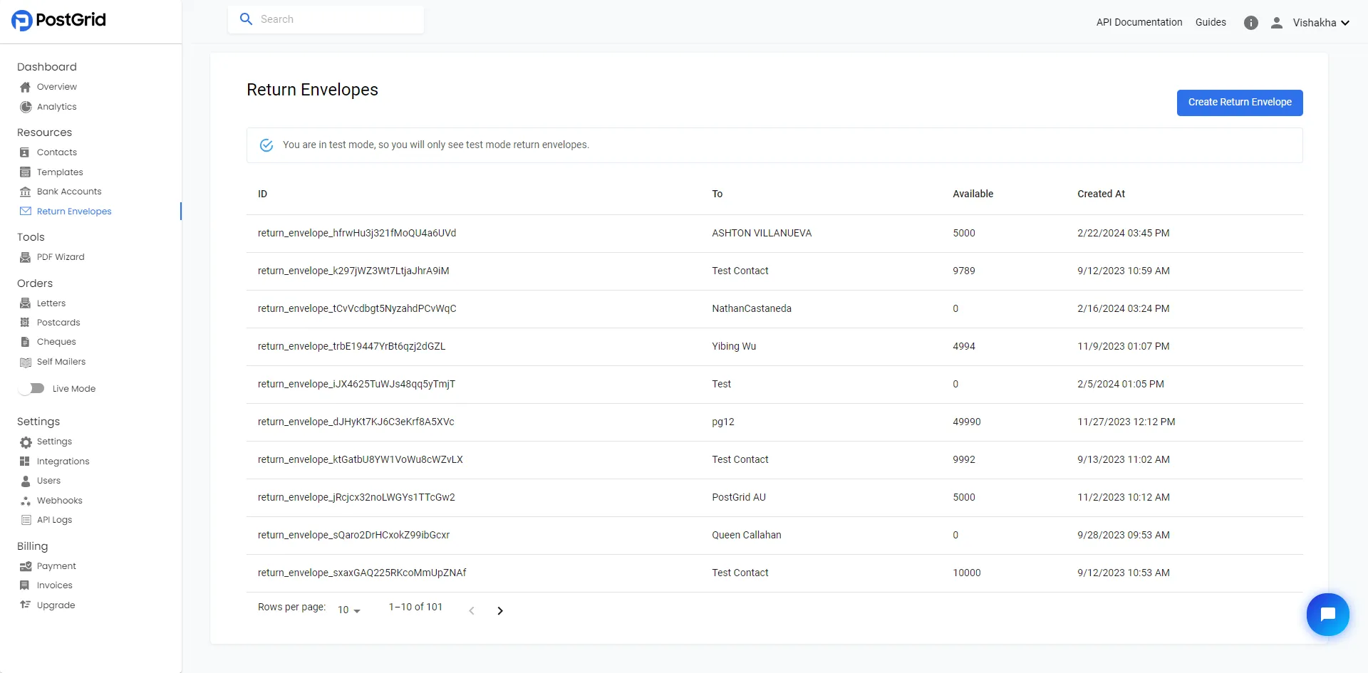Return Envelopes list page showing existing orders and a Create Return Envelope button in the top-right corner
