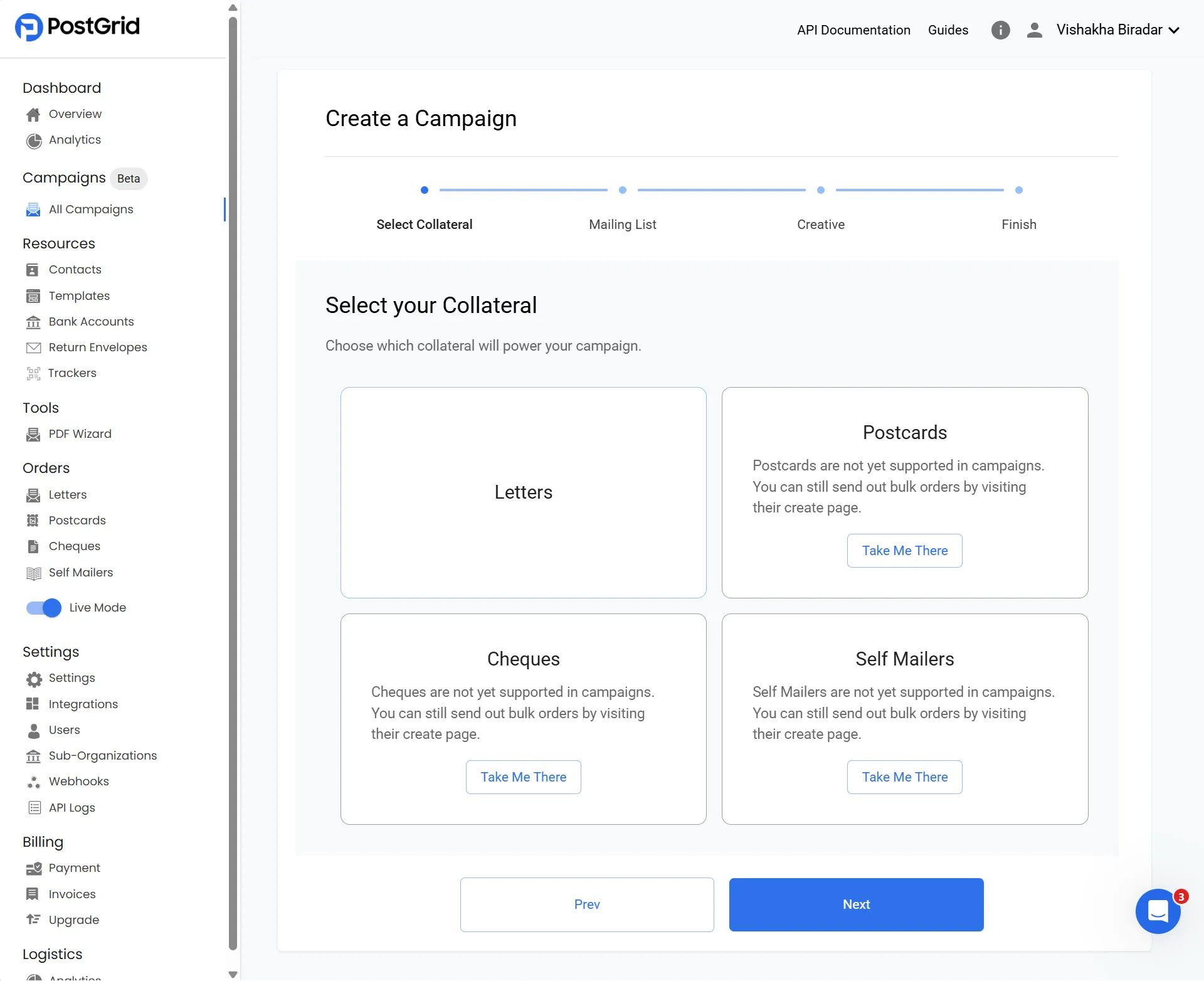 Step 1 of campaign creation showing the collateral type selection screen with Letters highlighted