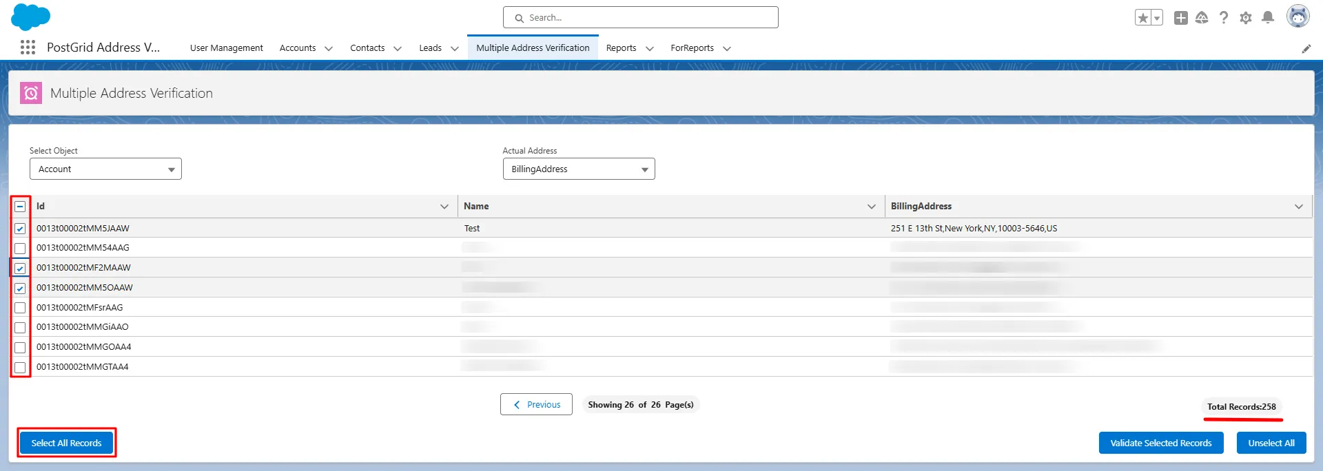 Record list showing a preview of all records in the selected object with checkboxes for individual or Select All selection