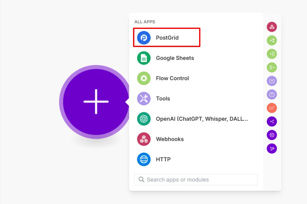 Make.com app search results showing PostGrid selected as the integration
