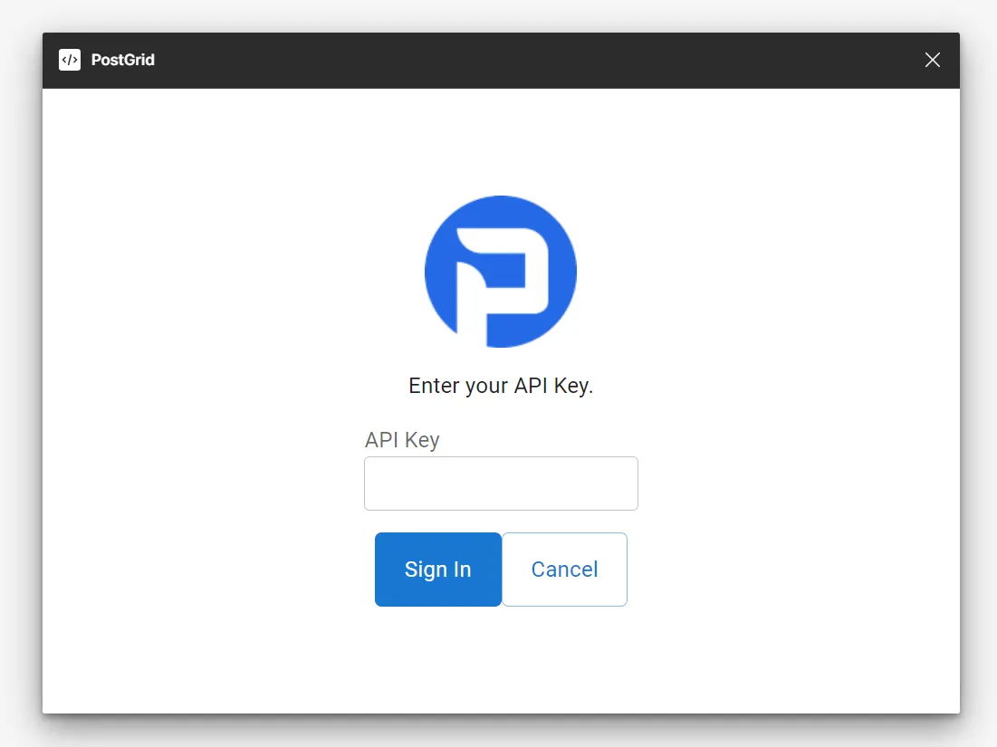PostGrid Figma plugin sign-in screen with options to log in with credentials or an API key