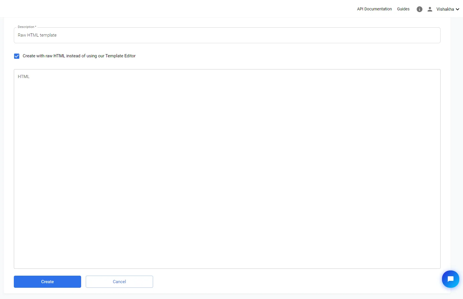 Create Template page with options to name the template and choose a creation method including the HTML editor
