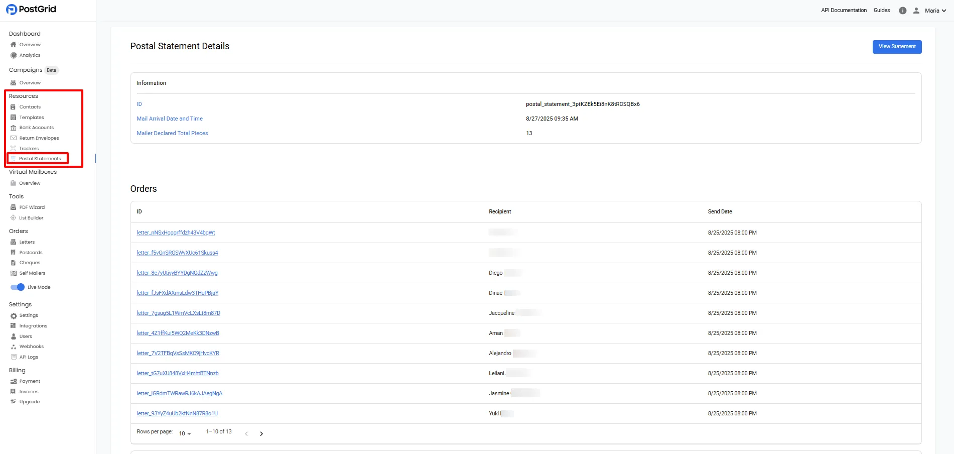 Postal Statement Details page showing individual mail orders with columns for ID, recipient name, and send date