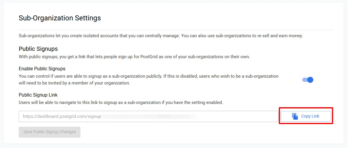 Sub-Organizations Settings page showing the Enable Public Signups toggle turned on and the Copy Link button