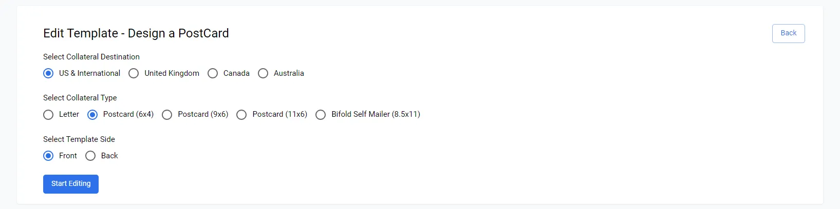 Postcard template editor showing separate front and back design panels