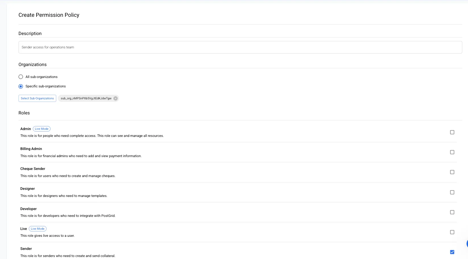 Create Permission Policy form with a description entered, Specific sub-organizations selected with one sub-organization chosen, and a checkbox beside each available role