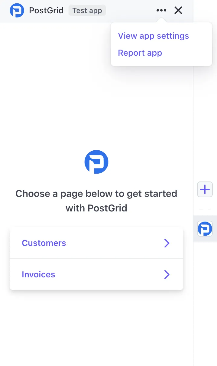 PostGrid menu in Stripe with the app settings icon in the top right corner and the View App Settings option highlighted