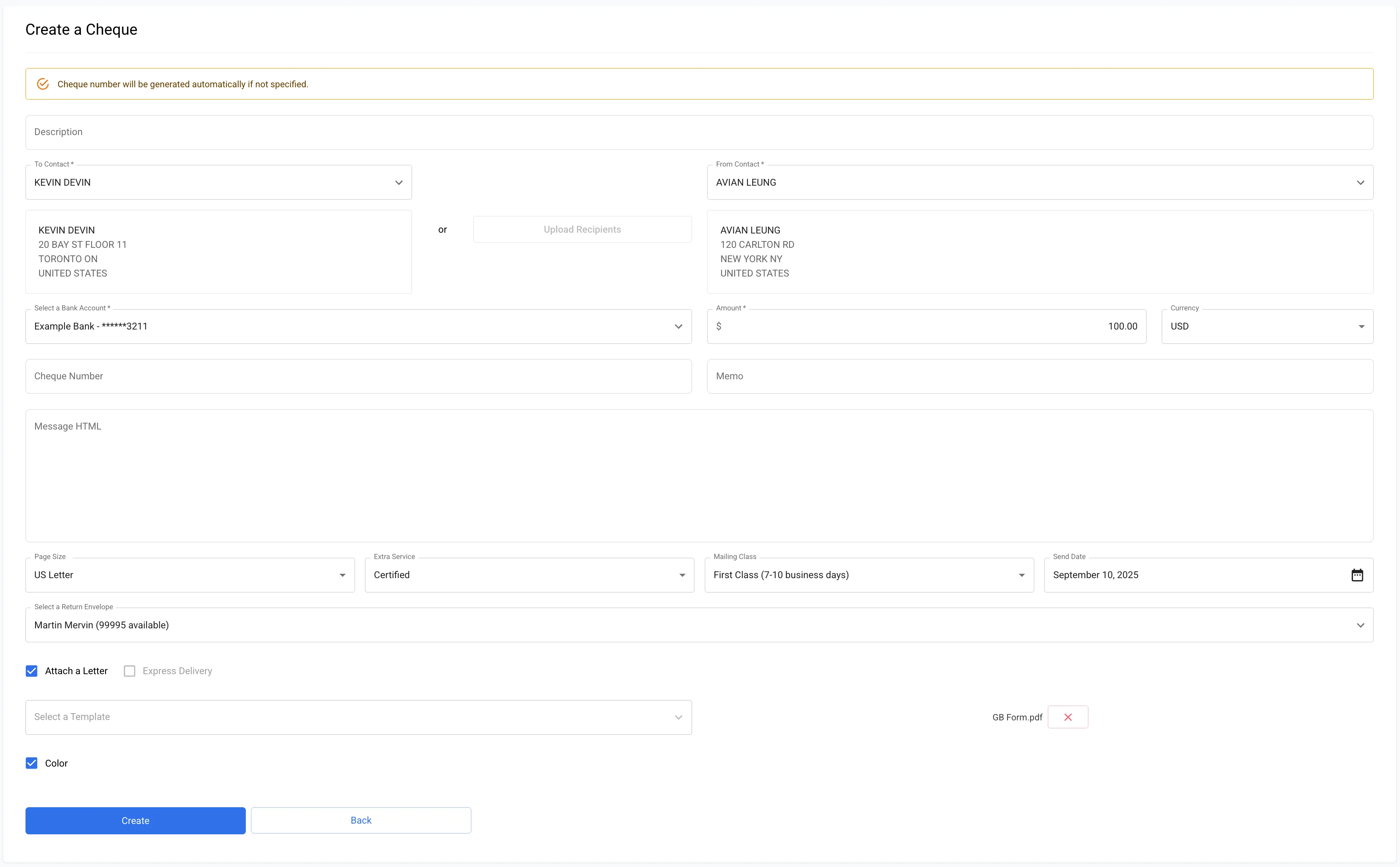 Cheque creation form showing mailing options including Return Envelope, Extra Service, Mailing Class, Send Date, and Express Delivery fields