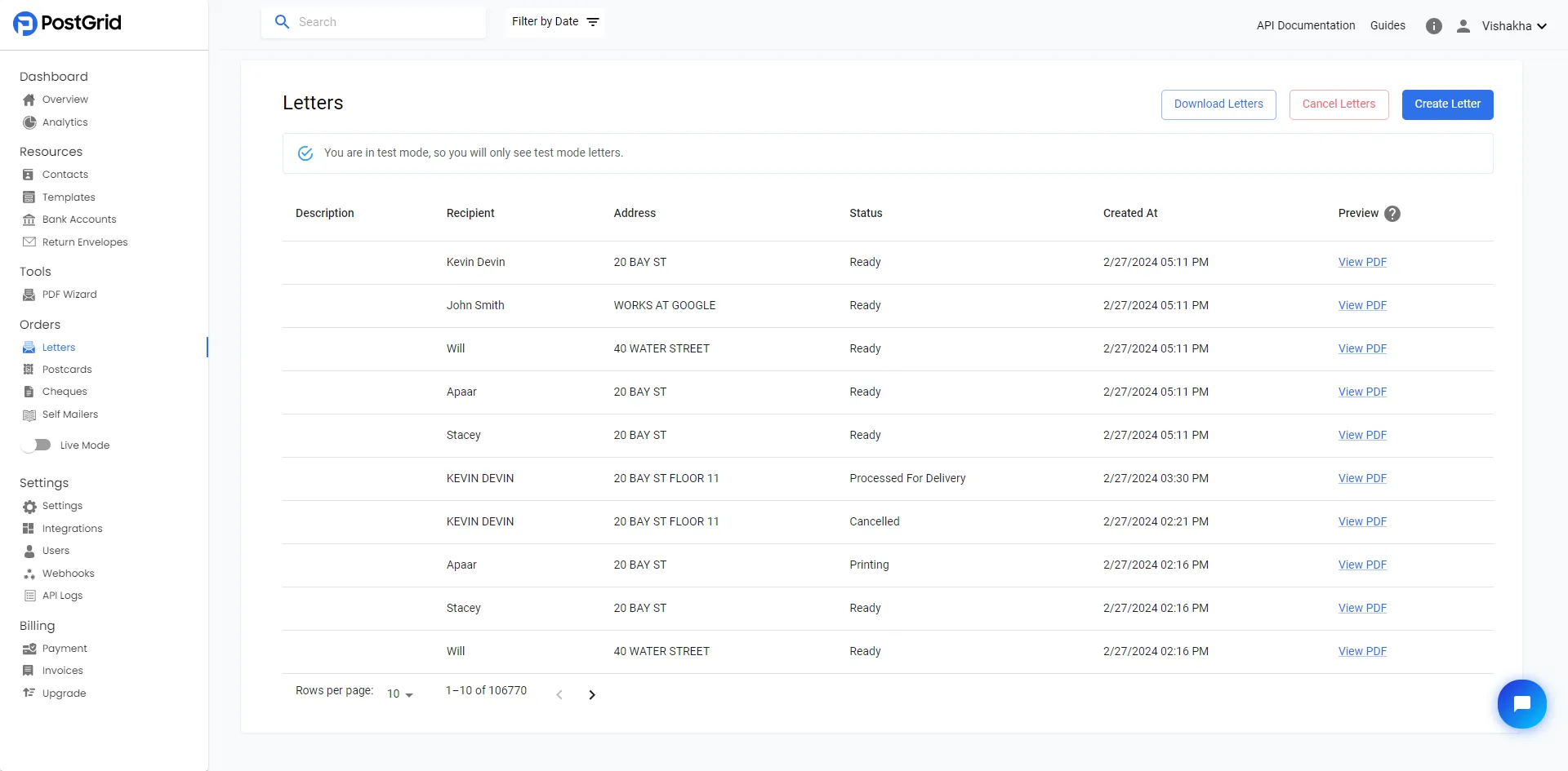 Letters order list page showing all created letter orders with a Create Letter button in the top-right corner