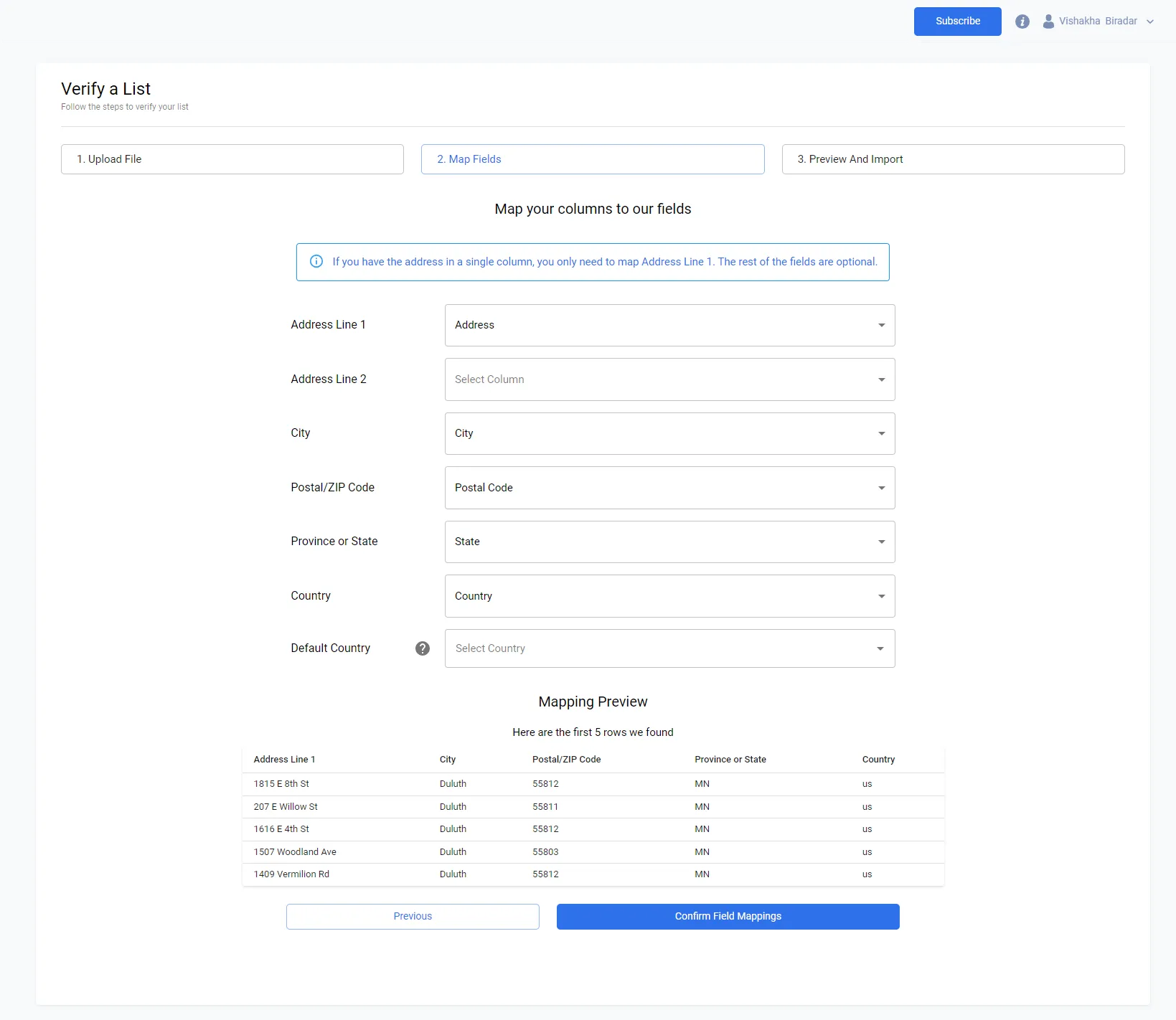 PostGrid column mapping screen showing CSV columns matched to PostGrid fields such as Address Line 1, City, State, and Country