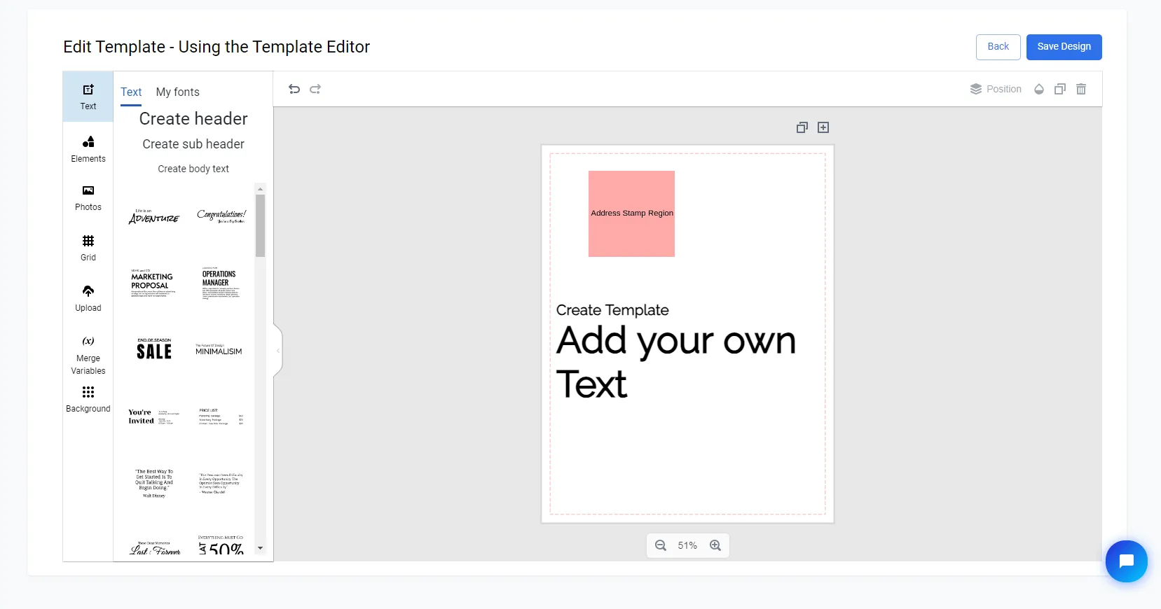 Template Editor Text panel showing predefined heading, subheading, and body text elements available to add to the canvas
