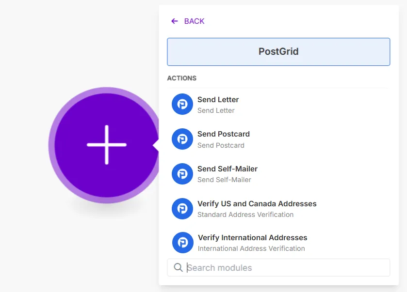 Make.com PostGrid module action picker listing available actions such as Create Letter and Address Verification