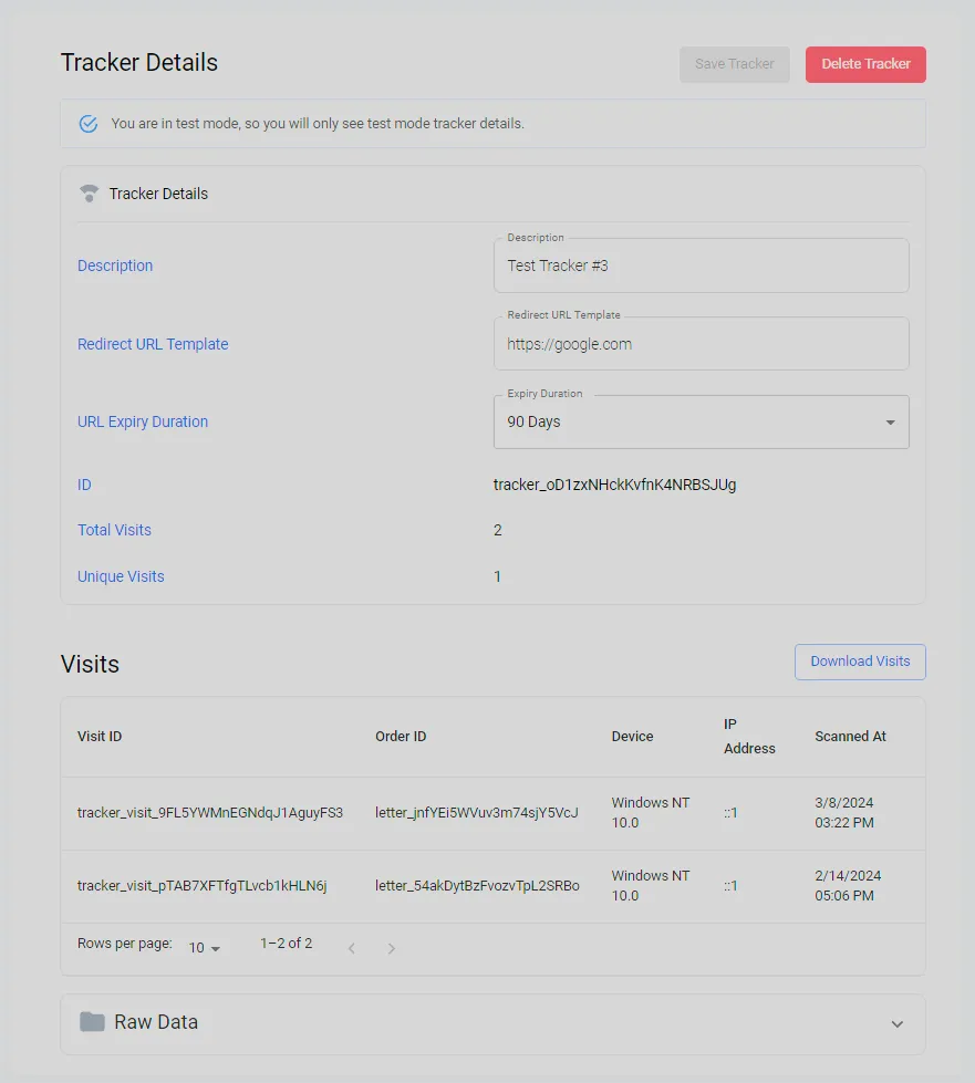Tracker detail page showing editable description and redirect URL, plus a visit log with order, timestamp, and device columns