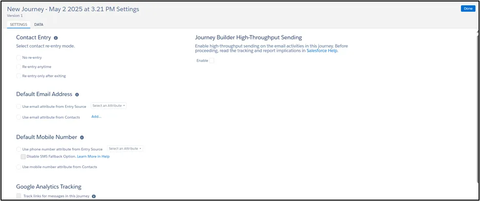 Salesforce Marketing Cloud Contact Entry settings for the journey configuration