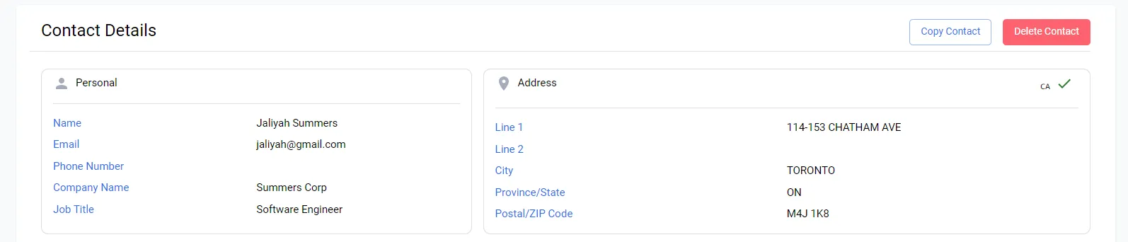 Contact details page showing options to edit, delete, or check the address verification status