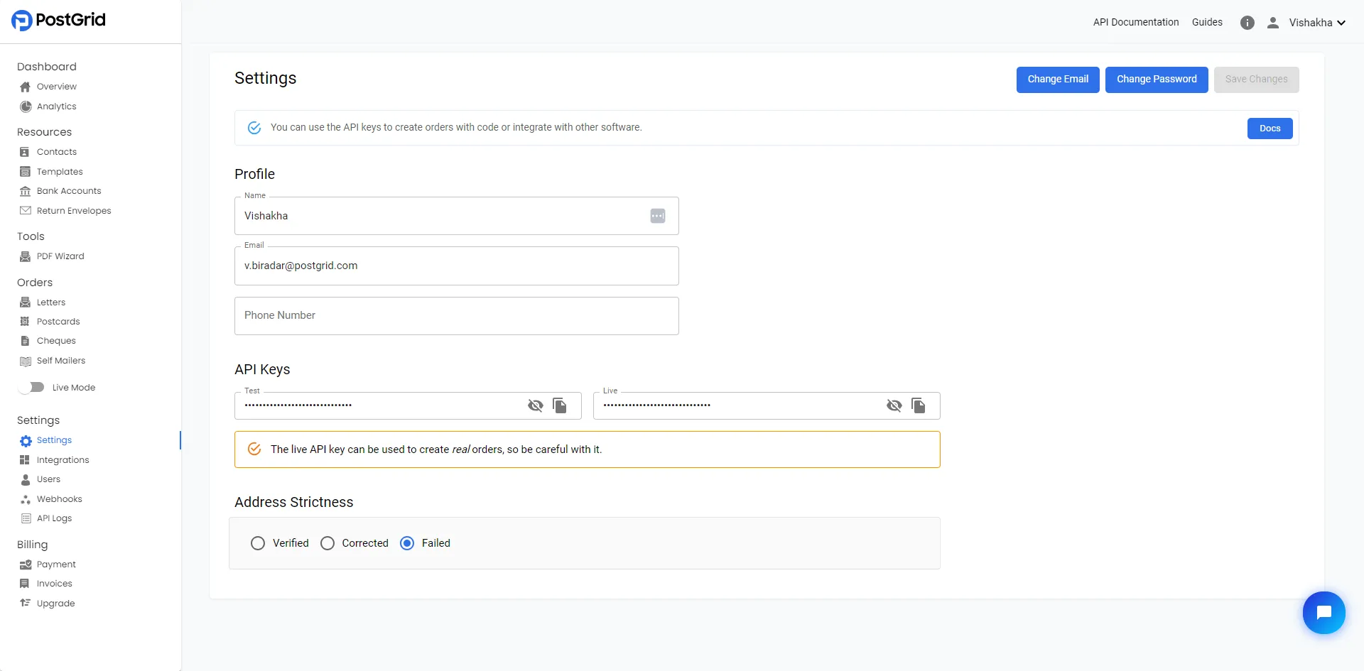 Settings page showing the API Keys section with test and live key fields