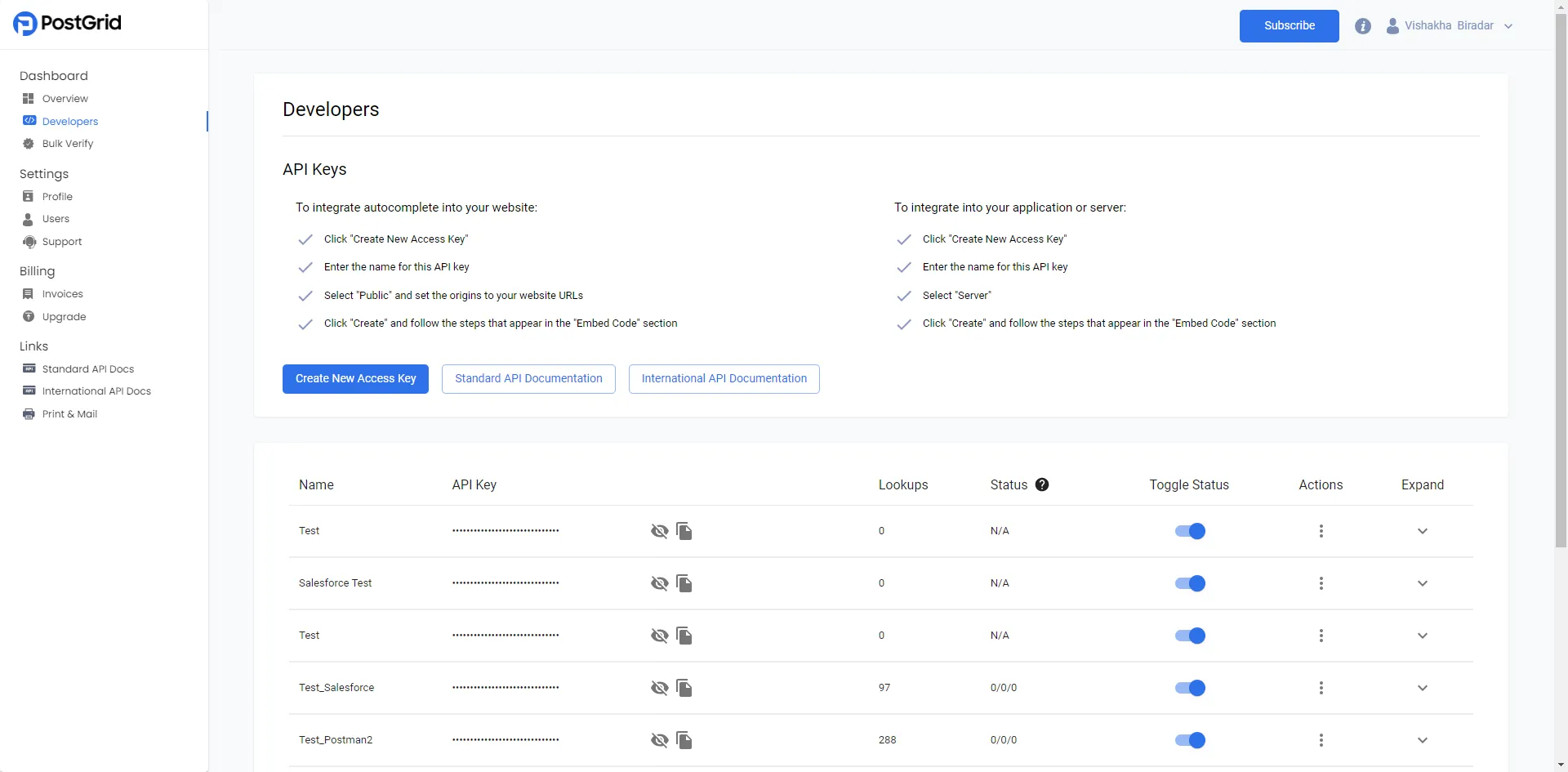 PostGrid Developers page showing the Create New Access Key button and a list of existing API keys