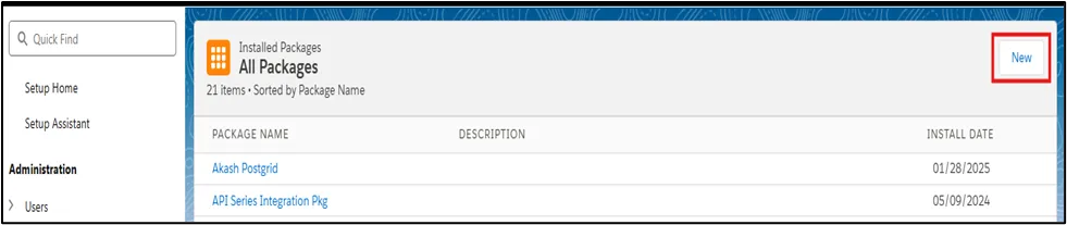 Salesforce Marketing Cloud Installed Packages list with the New button in the top-right corner