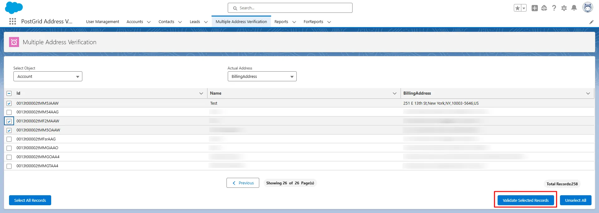 PostGrid Multiple Address Verification page with the Validate Selected Records button highlighted