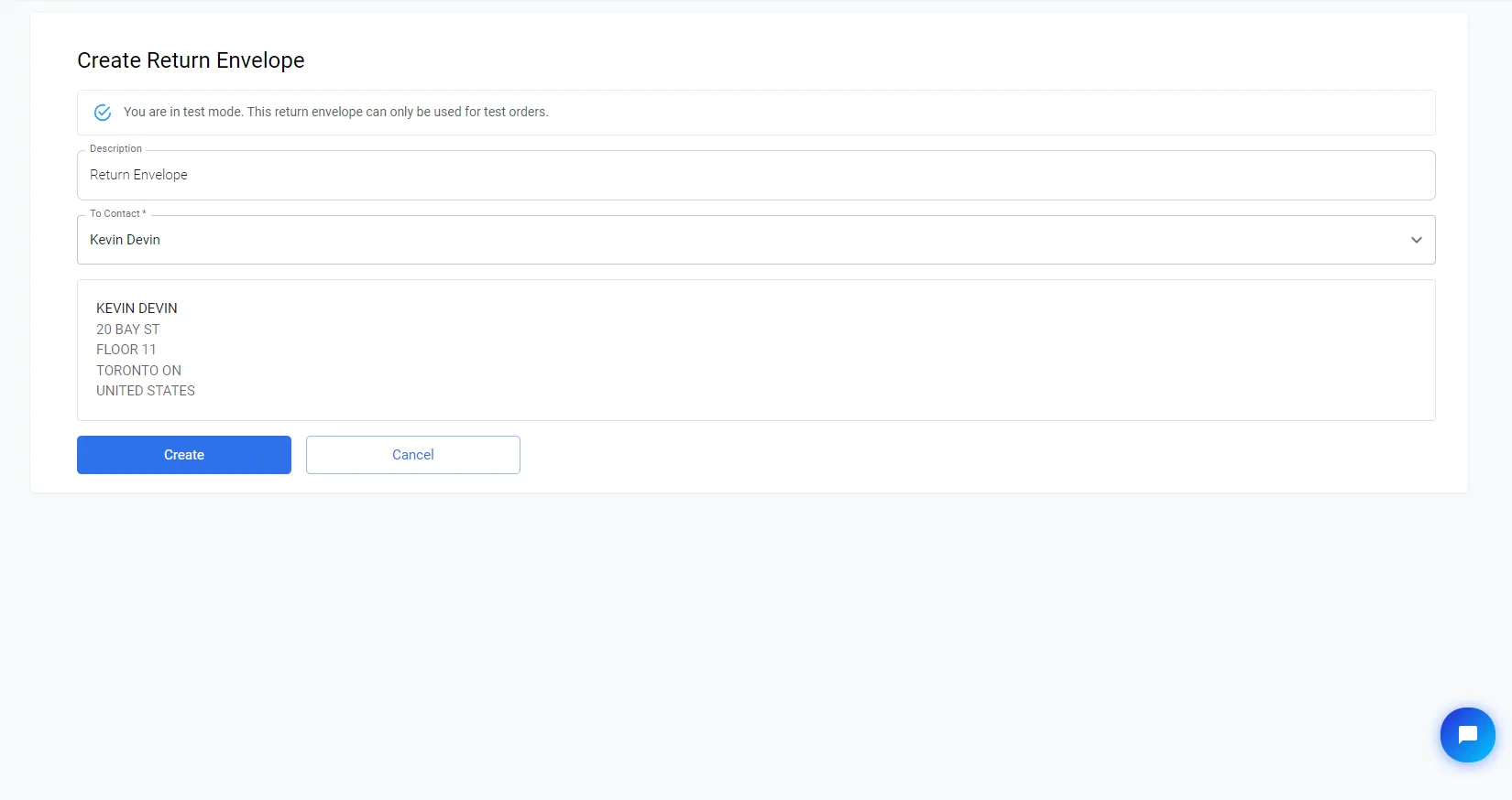 Return envelope order detail page showing quantity ordered and order filled fields with a Create an Order button