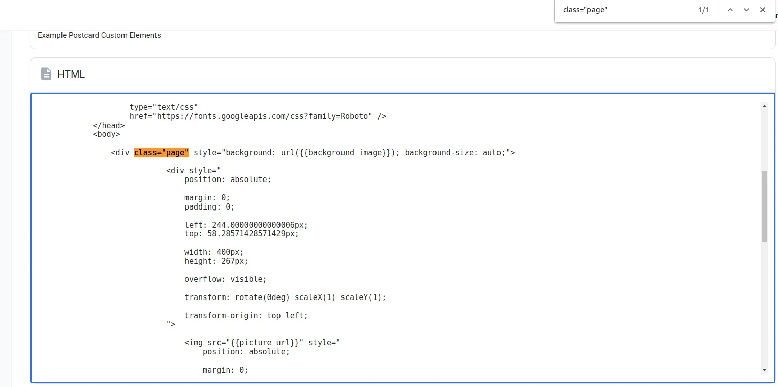 HTML source with class=page highlighted to identify background elements across multiple pages of the template