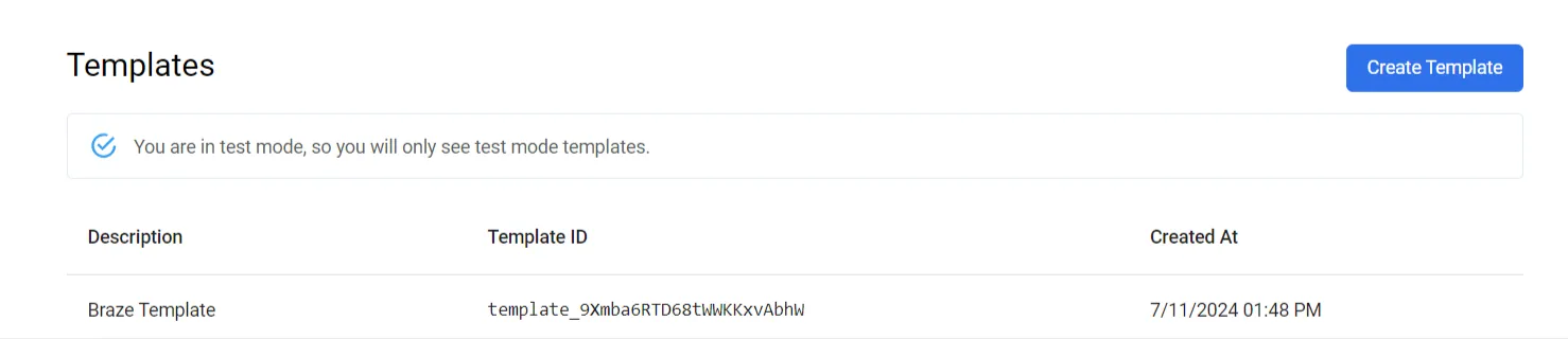PostGrid dashboard Templates page showing a list of templates with their IDs