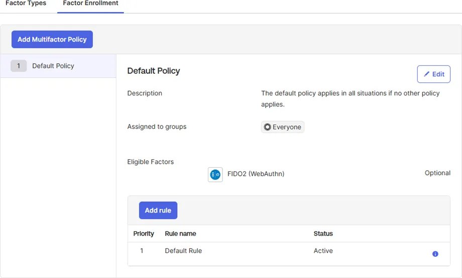 Okta Factor Enrollment tab showing a rule requiring all users to enroll in WebAuthn MFA