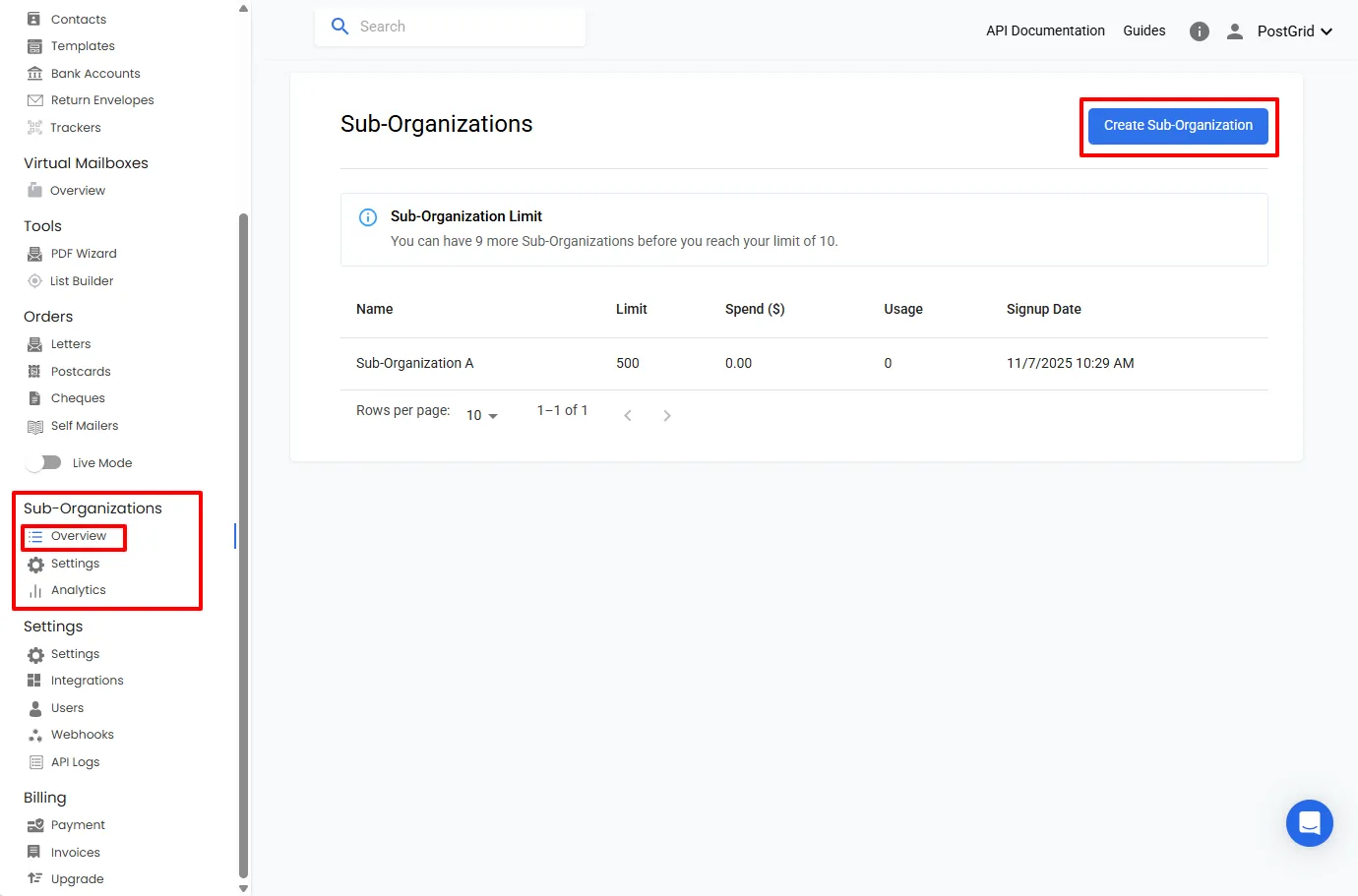 Sub-Organizations Overview page showing the list of sub-organizations and the Create Sub-Organization button