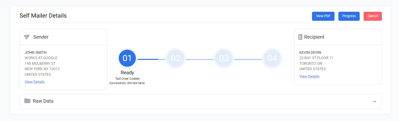 Self Mailers order list page showing the newly created self-mailer order with a View PDF preview link