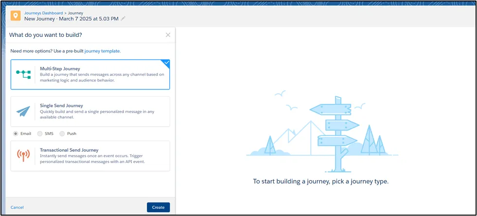 Salesforce Marketing Cloud journey type selection with Multistep Journey option and Create button