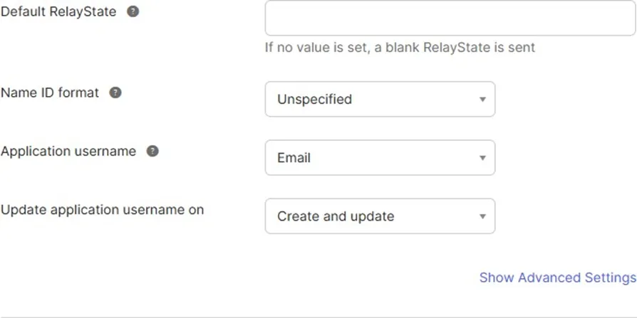 Okta SAML settings showing default values for Name ID Format, Application Username, and other base configuration fields