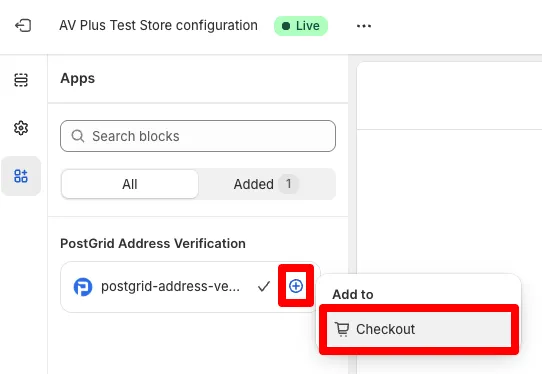 Shopify checkout Apps sidebar showing postgrid-address-verification listed with a + button to add it to the Checkout section