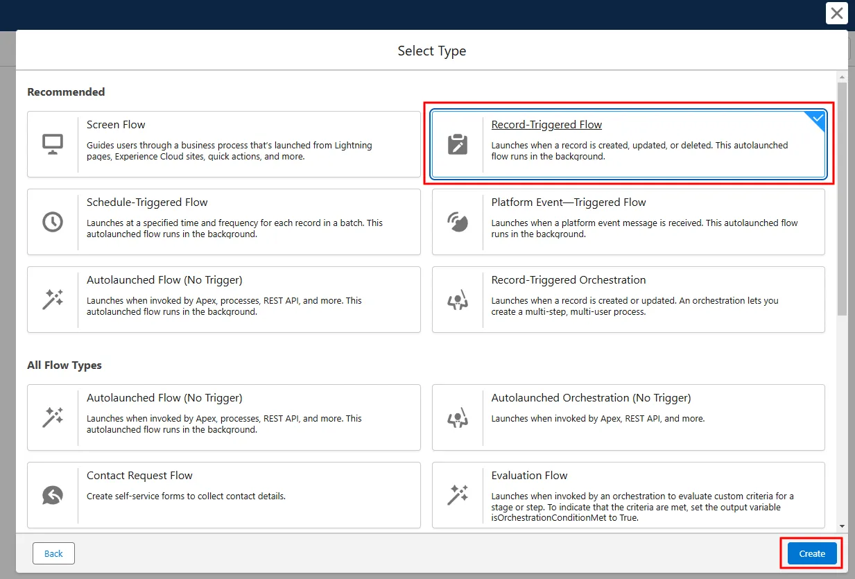 Salesforce Flows page with the New Flow button and a list of available flow templates