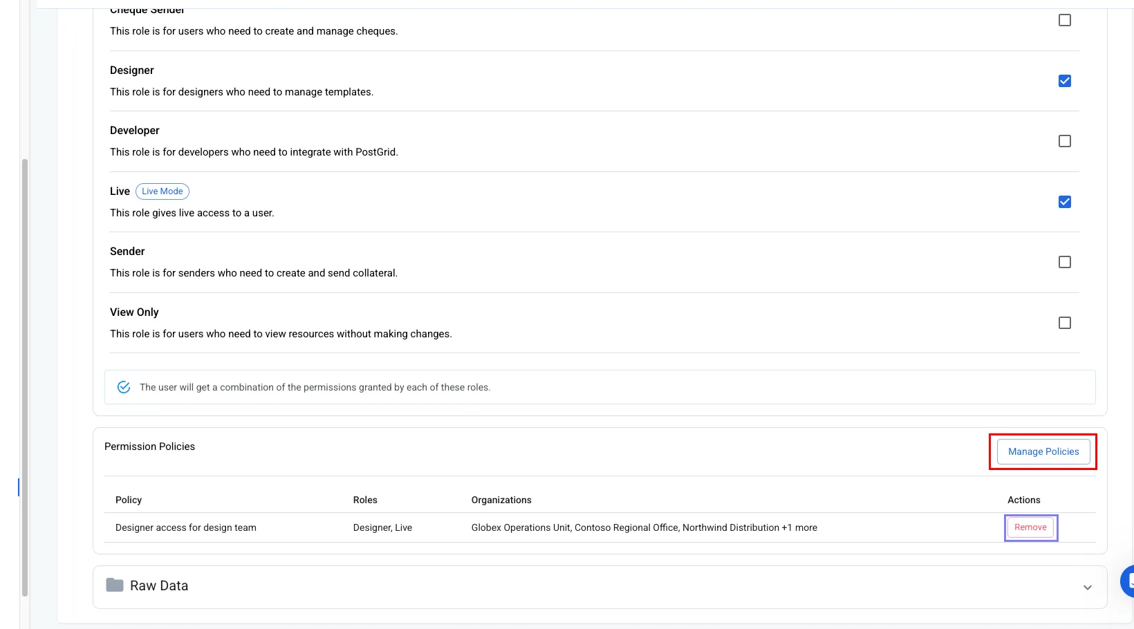 Permission Policies section on a user's page in the PostGrid dashboard, with a Manage Policies button and one assigned policy listed alongside a Remove action