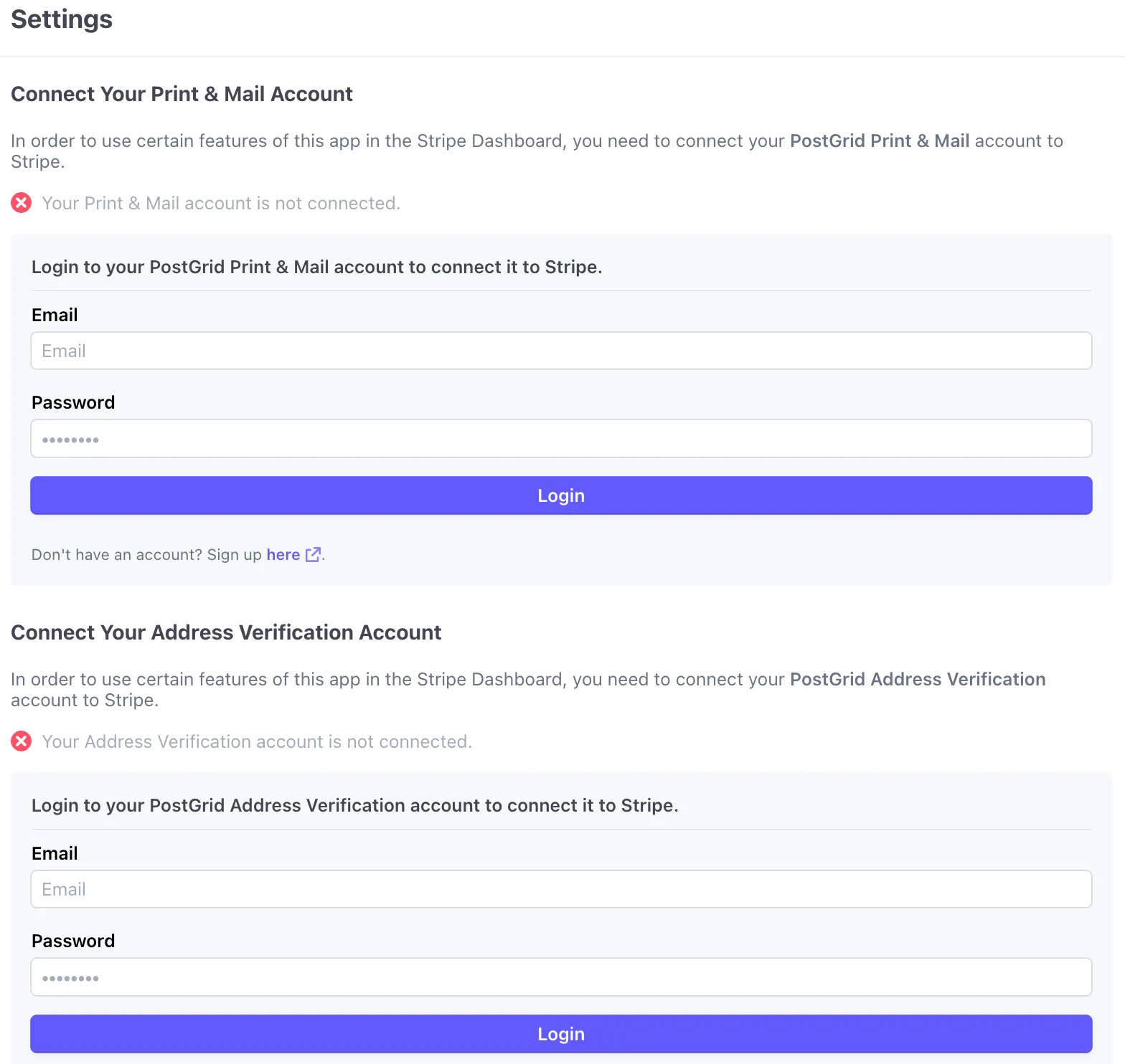 PostGrid App Settings page in Stripe showing login prompts for the Print and Mail API and Address Verification API accounts