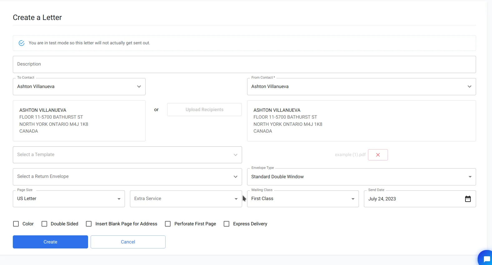 File being submitted to the PostGrid dashboard