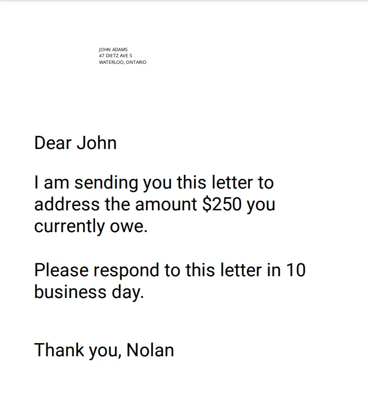 PDF preview of the rendered letter with all merge variables filled in, showing the recipient name, sender name, and dollar amount