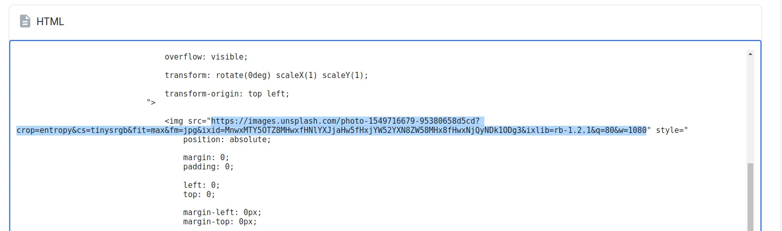 Generated HTML showing an img tag with a placeholder image URL that can be replaced with a merge variable