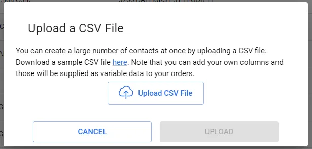 Upload Contacts page showing the option to select a CSV file for bulk contact import