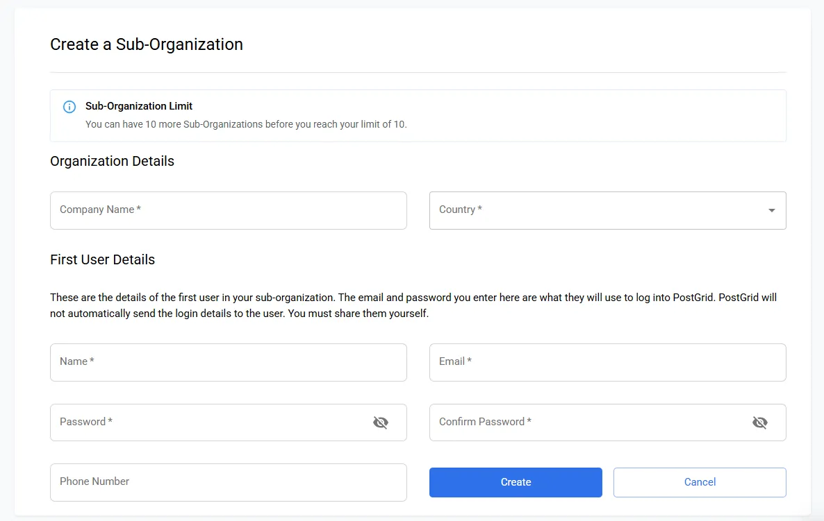 Create Sub-Organization form with fields for company name, country, and primary user details including name, email, and password