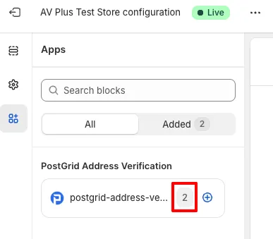 Shopify checkout Apps sidebar showing postgrid-address-verification now displaying the number 2, confirming the app is active in checkout