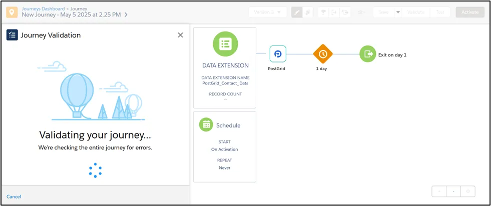 Salesforce Marketing Cloud Journey validation in progress screen