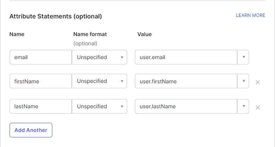 Okta Attribute Statements section with rows mapping user attributes like email and name to PostGrid fields