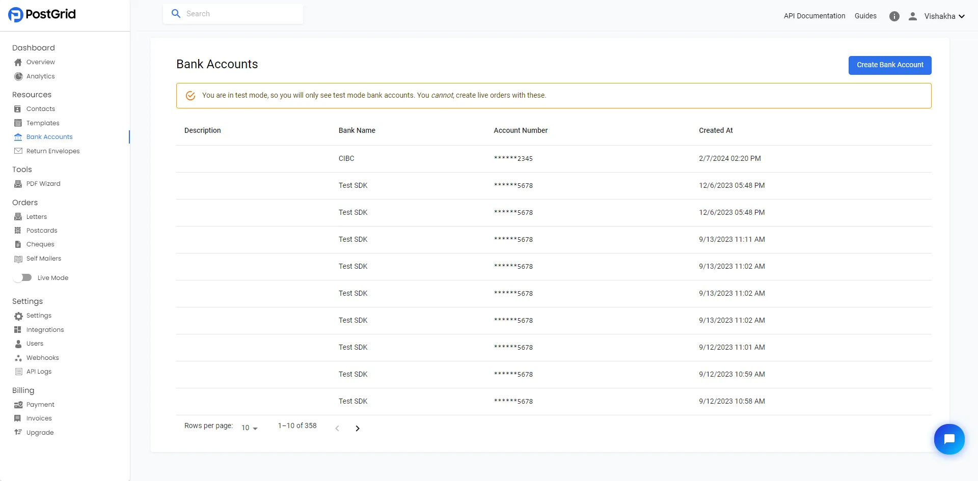 Bank Accounts list page with a Create Bank Account button in the top-right corner