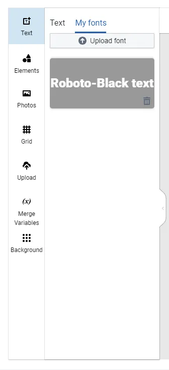 Template Editor toolbar showing text formatting options and the My Fonts upload option for custom fonts