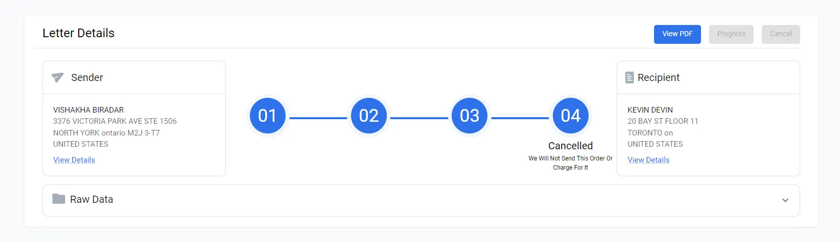 Letters order list page after successful creation showing the new order with a View PDF preview link