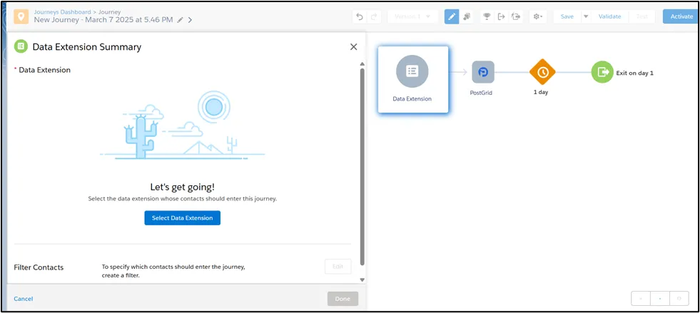 Salesforce Marketing Cloud journey canvas with Data Extension entry source and PostGrid activity added